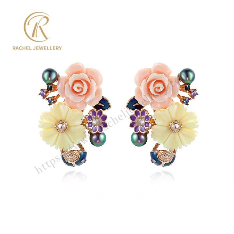 Beautiful Enamel Daisy Shell Flower 925 Silver Earrings