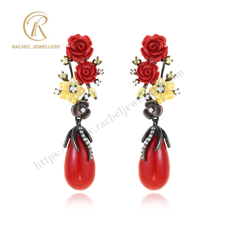 Luxuriant Coral Camellia Silver Sterling Earrings