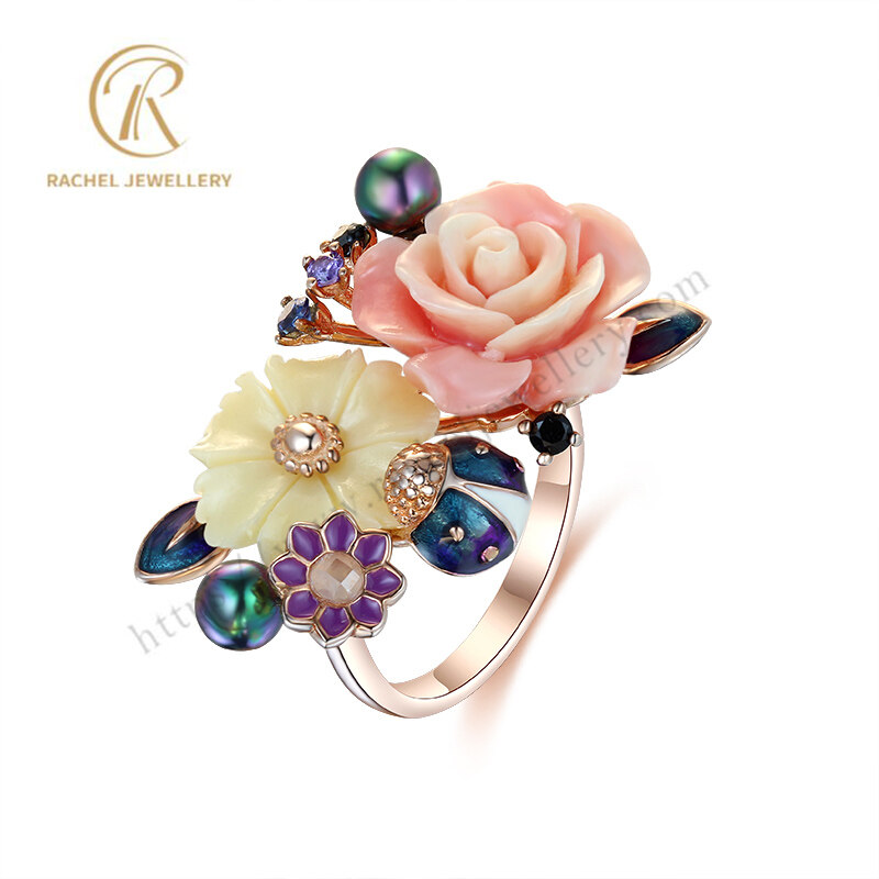 Fashion Color Enamal Ladybird Flower Silver Ring