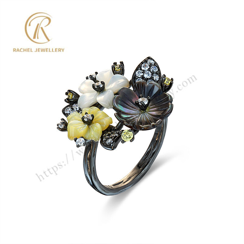 Special Design Jewellery Beautiful Multi Shell Peal Flower 925 Sterling Silver Ring Black Rhodium Ring For Men Women Jewelry