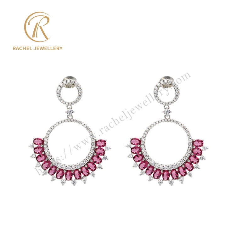 Simple Double Circle White Ruby CZ Drop Silver Earrings