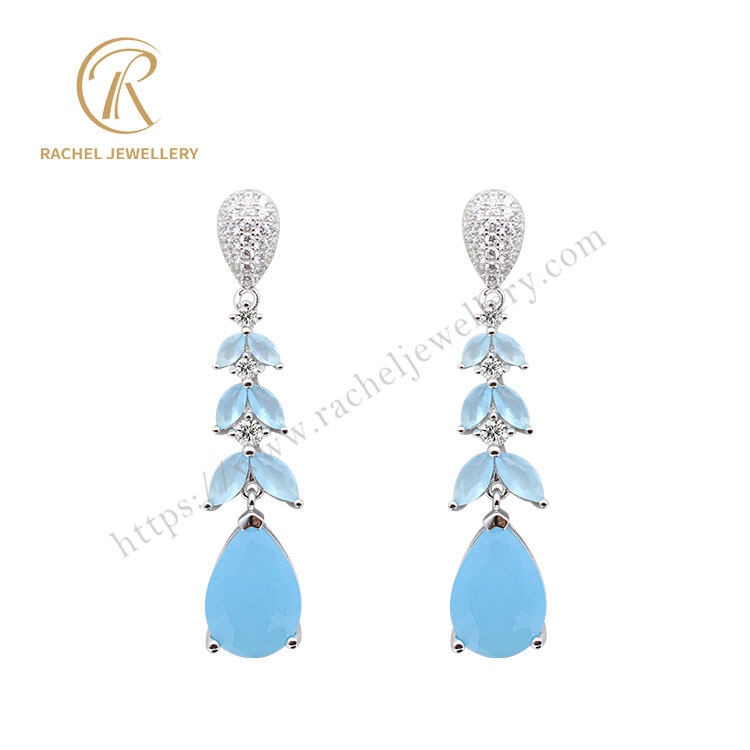 Long Sea Blue Marquise Pear Dangle Silver Earrings