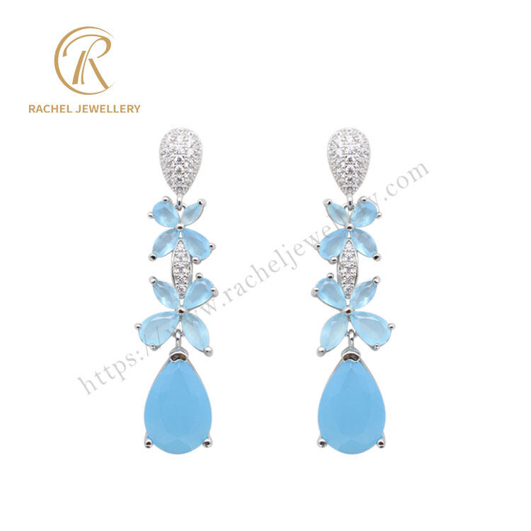 Fashion Blue Flower Shape Big Pear Drop Silver Earrings