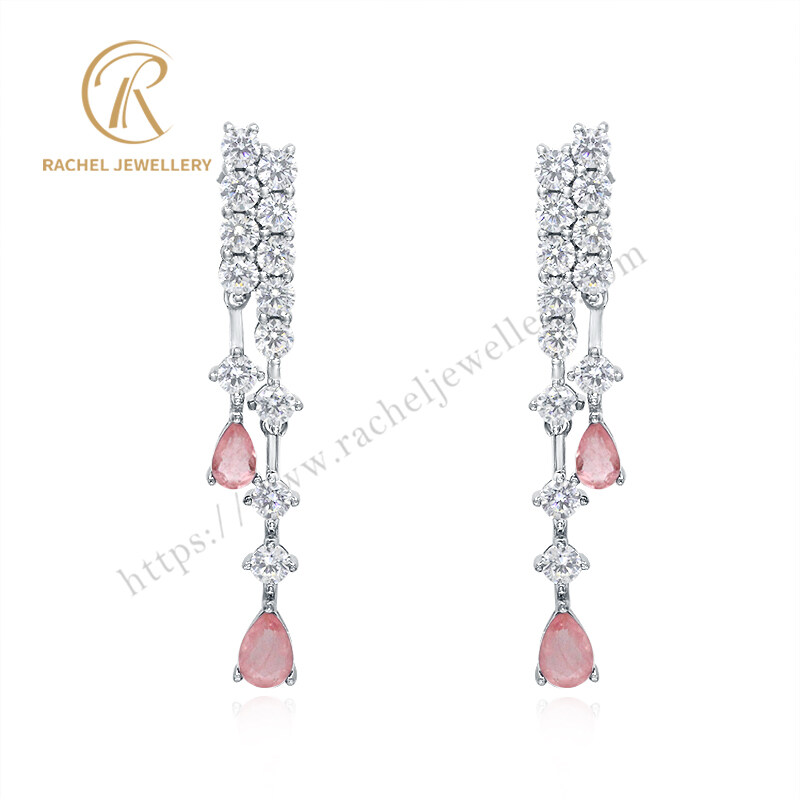 Fancy Jewelry Tassel Pink Gemstone Silver Earrings