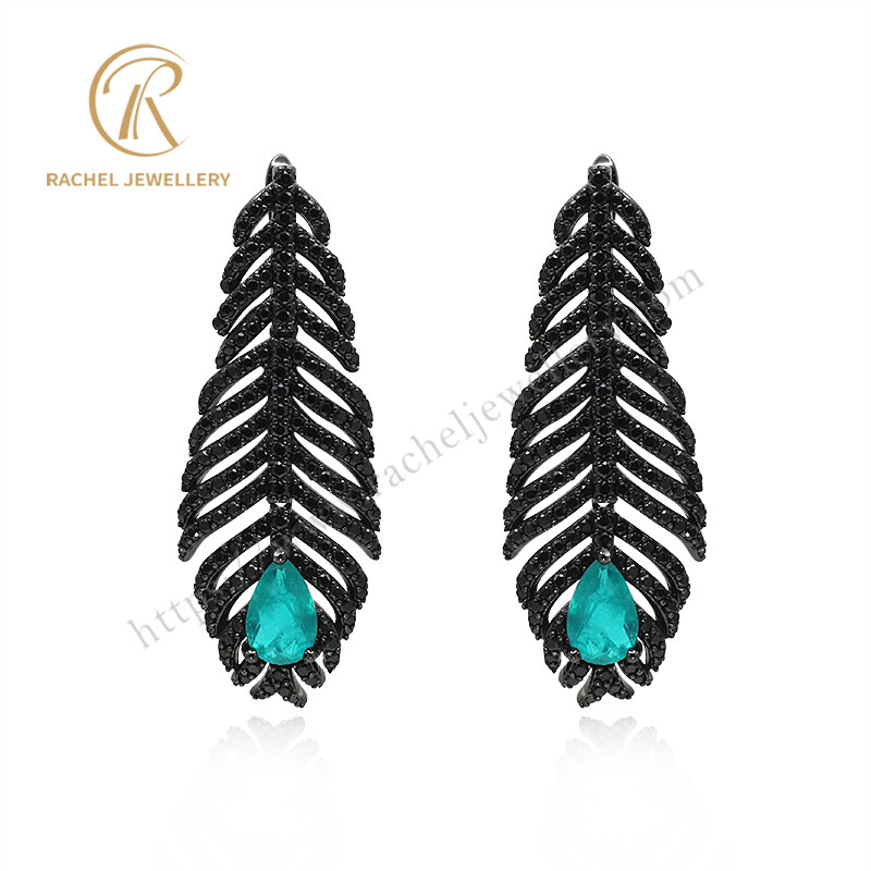 Classical Feather Big London Blue Pear Drop Silver Earrings