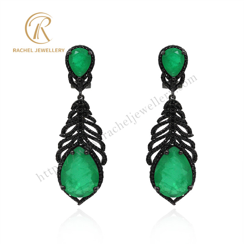 New Arrival Emerald Gemstone Pear Drop Black Plated Earrings