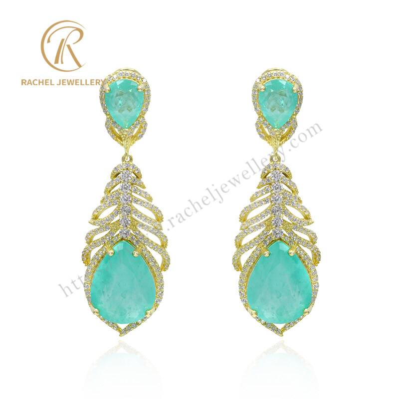 Classical Feather Big Paraiba Pear Drop 14K Gold Plating Silver Earrings
