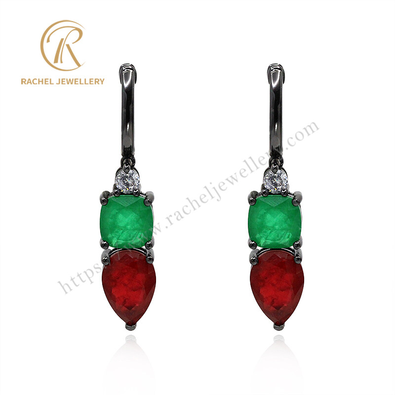 Customer Designed Retro Style Ruby And Emerald Silver Earrings
