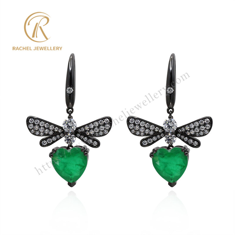 Customer Designed Dragonfly Heart Drop Emerald Gemstone Silver Earrings