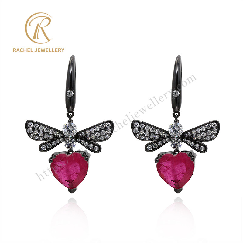 Customer Unique Dragonfly Ruby Heart Drop Sterling Silver Earrings