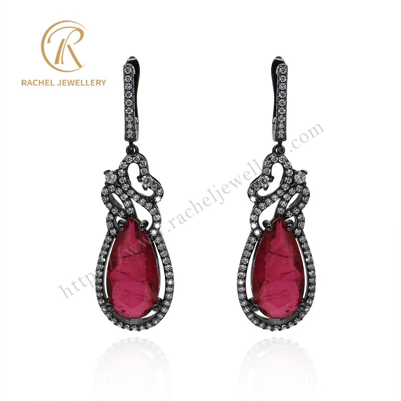 Classical Style Big Ruby Pear Drop Silver Earring Black Plated