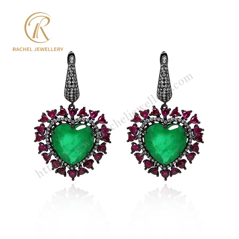 Big Emerald Heart Drop Gemstone Sterling Silver Earrings