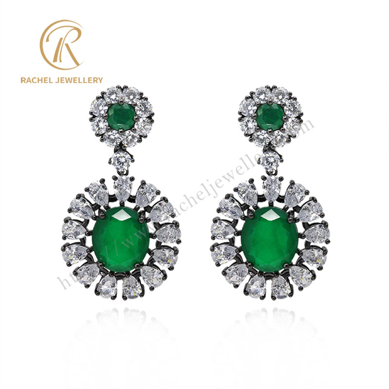 Classical Luxury Oval Emerald Gemstone Silver Earrings