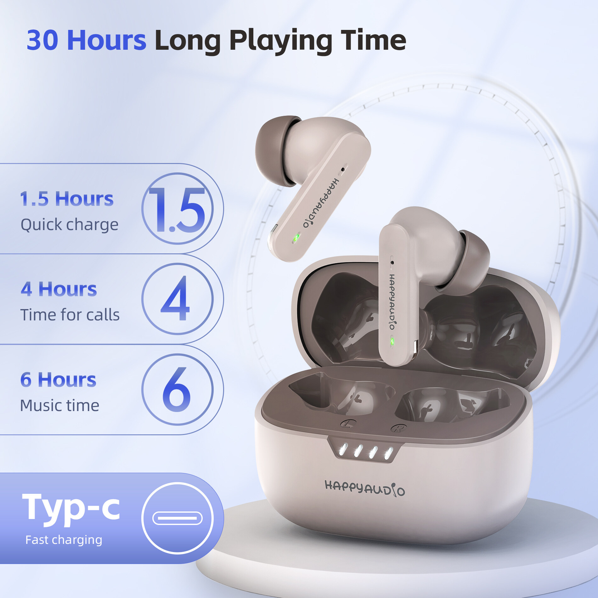 HAPPYAUDIO S4 Bluetooth 5.4 Wireless Smart Touch Equipped with 6 ENC microphones Noise Cancellation HiFi Stereo Sound 30 hours