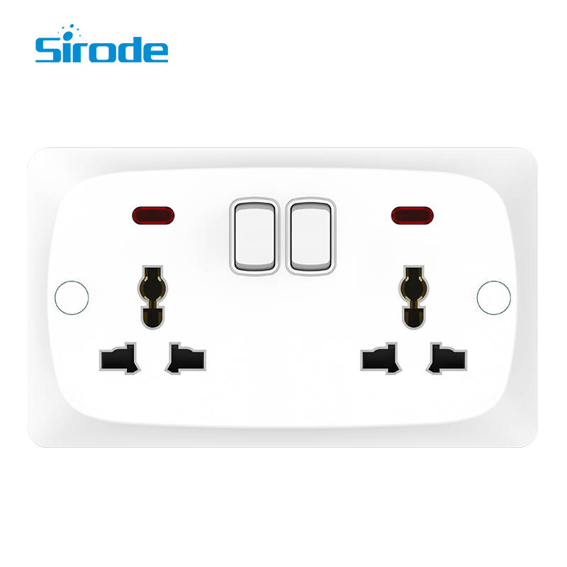 British Standard Modern PC Surface And Bakelite Back Base 2 Gang 13A Multi-funtion Electrical Wall Switched Socket With Neon