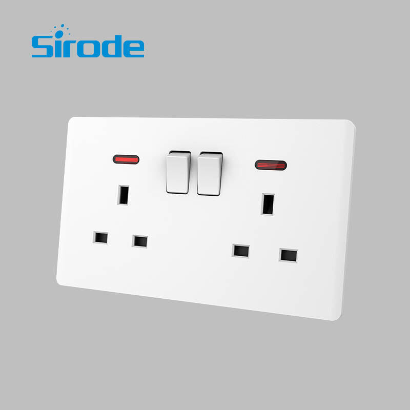 British Standard T10 Series Ultra-thin Design 2 Gang 13A Electrical Wall Switched Socket With Neon For Home
