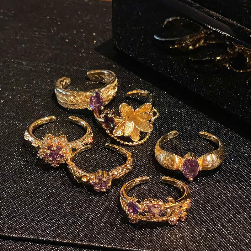 Français médiéval rétro neuf pourpre feu de haute qualité zircon ouvrir une bague de blé fleur de fleur polyvalente pour femmes