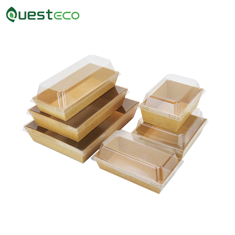 Brown Kraft Paper Salad Sushi Food Tray With Plastic Lid