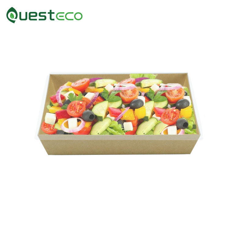 disposable kraft paper salad bowl with lid, kraft paperboard food tray