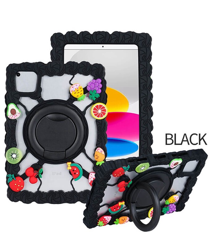 360 rotating iPad case, shockproof iPad cover, universal silicone tablet case, fruit decorations tablet case, kids iPad stand holder, durable iPad shell, iPad series tablet protector, child-friendly iPad cover, versatile iPad holder, rugged iPad case, decorative iPad protector