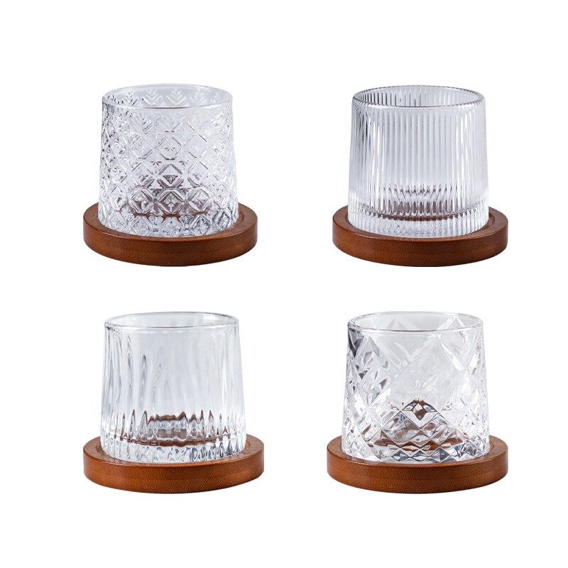 Whiskey Glasses, Rotatable Tumbler Crystal Glass Cups, Drinking Glasses with Creative Walnut Coasters and Gift Box Bourbon