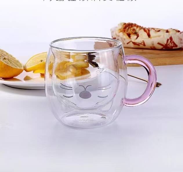 كوب من القهوة Cartoon Cat-Cartoon Coffee-Borosilicate Glass Home Home Milk Breakfast Cup مع مقبض تصميم مزدوج المقاومة للحرارة