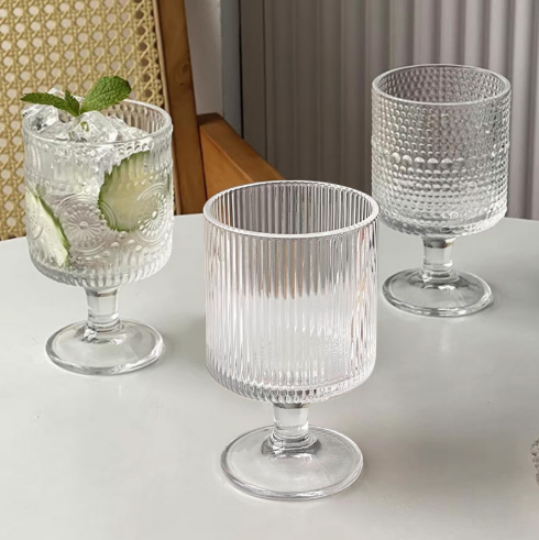 Euro Vintage Cup Stemmed Glass Cup Sunflower Relief Design High-End Aesthetic Beverage Juice Stemmed Cup for Daily Use