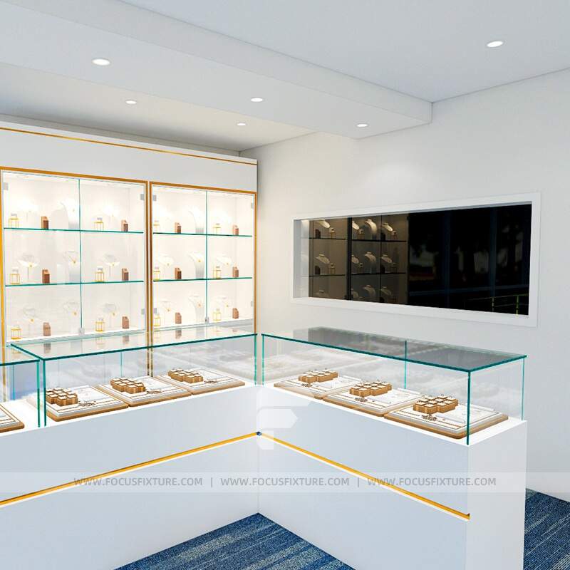 Jewelry Display Cabinet, Glass Showcase, Retail Fixtures, Jewelry Store Furniture, Store Display Solutions, Secure Jewelry Storage, Adjustable Shelving, LED Display Cabinet