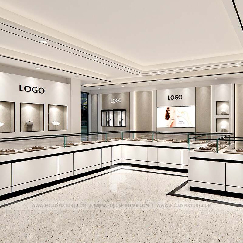 Jewelry cabinet | Glass display showcase | Custom store fixtures | Minimalist design | White display case | Retail exhibit | Elegant jewelry display