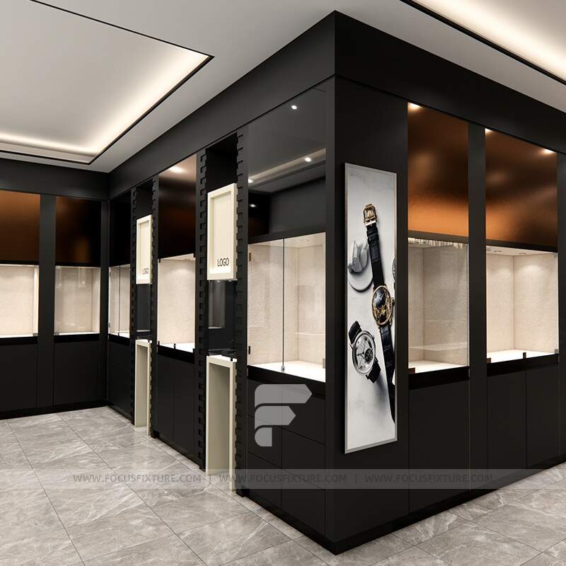 Jewelry cabinet, Glass display showcase, Custom store fixtures, LED lighting, Black cabinet, Minimalist design, Retail display