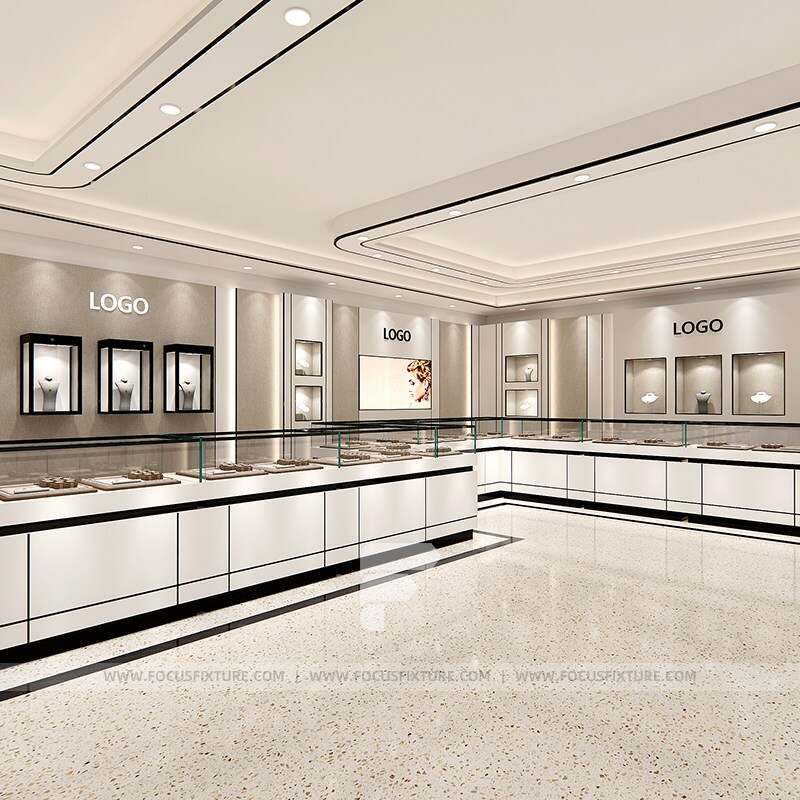 Jewelry cabinet | Glass display showcase | Custom store fixtures | Minimalist design | White display case | Retail exhibit | Elegant jewelry display