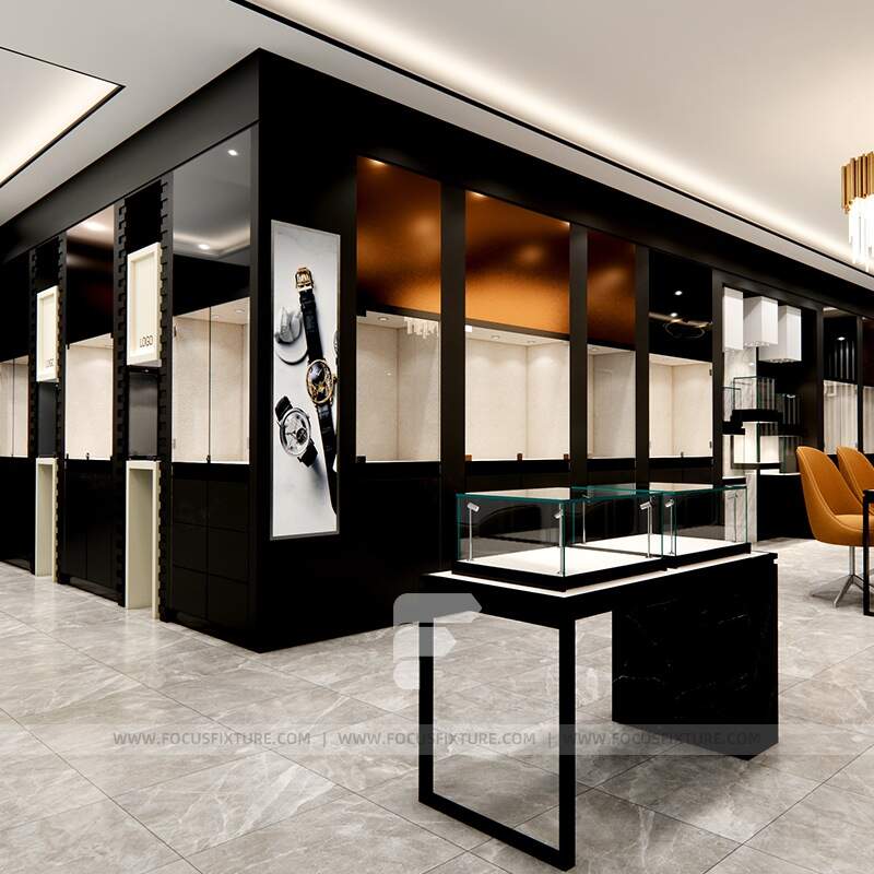 Jewelry cabinet, Glass display showcase, Custom store fixtures, LED lighting, Black cabinet, Minimalist design, Retail display