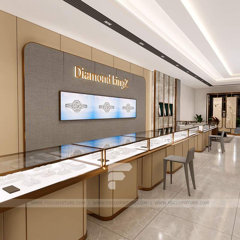 jewelry display case; glass showcases; retail store fixtures; customizable wood cabinets; minimalist design; all-glass visibility