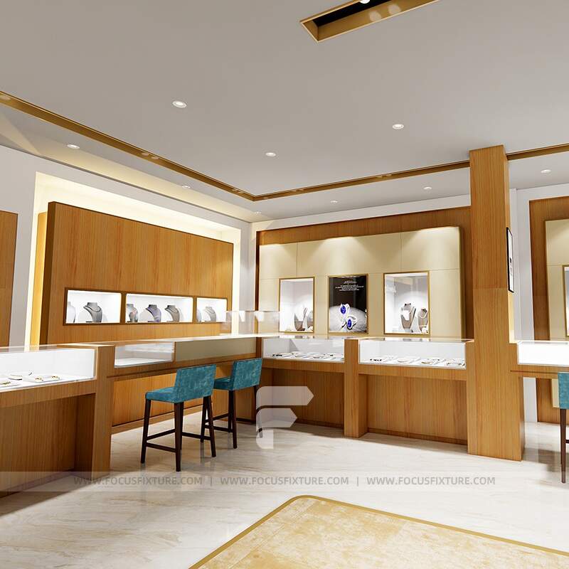 jewelry display showcase; customizable design; glass fittings; wooden cabinet; minimalist style; integrated lighting; shop fitting