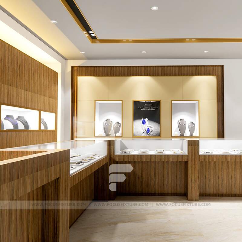 jewelry display cases; glass showcase; customizable fixtures; deep wood finish; elegant design; retail supplies; store fittings