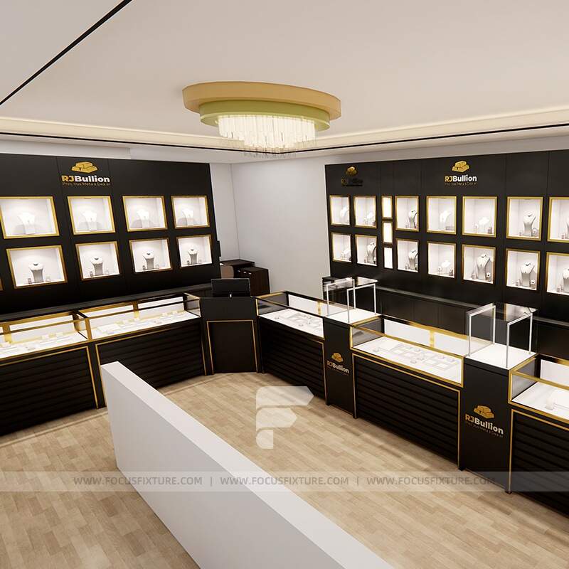 crystal display case; glass showcases; store fixtures; customizable design; black color; minimalist style