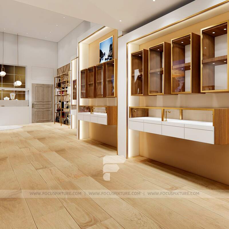 countertop display case; glass store fixtures; customizable design; wooden cabinet; minimalist style; gold accents