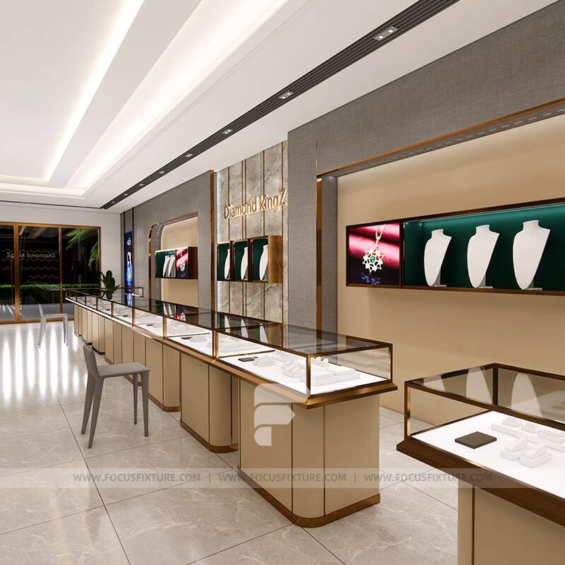 jewelry display case; glass showcases; retail store fixtures; customizable wood cabinets; minimalist design; all-glass visibility