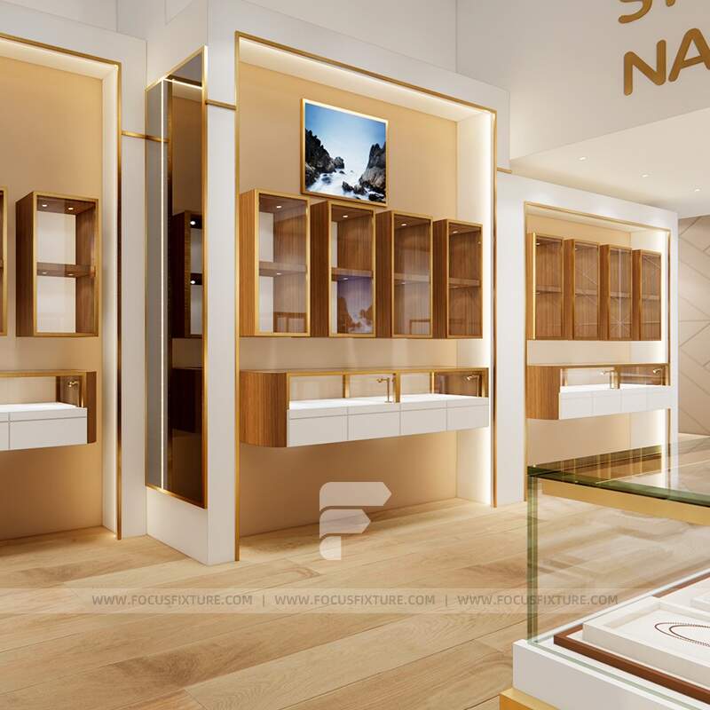 countertop display case; glass store fixtures; customizable design; wooden cabinet; minimalist style; gold accents