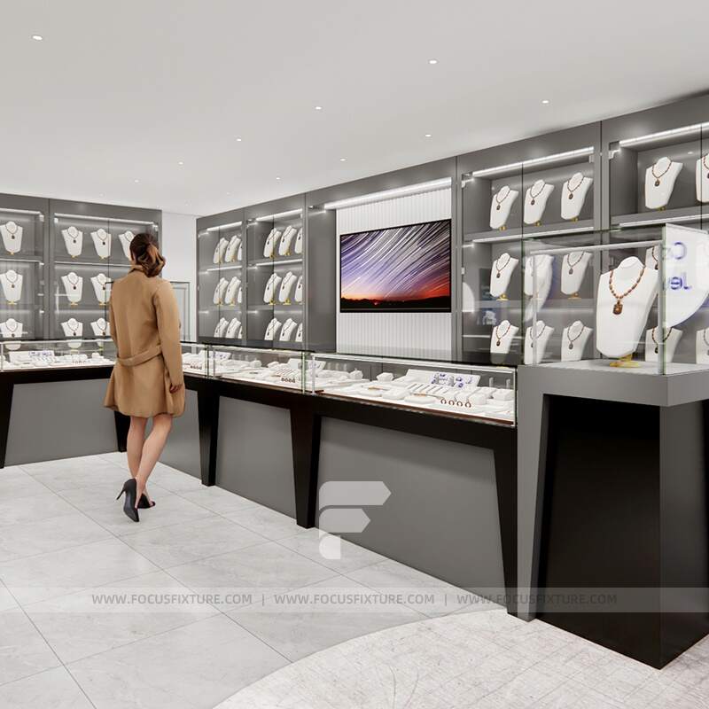 jewelry display cases | glass showcase | customizable store fixtures | wall display | minimalist design | black and white display