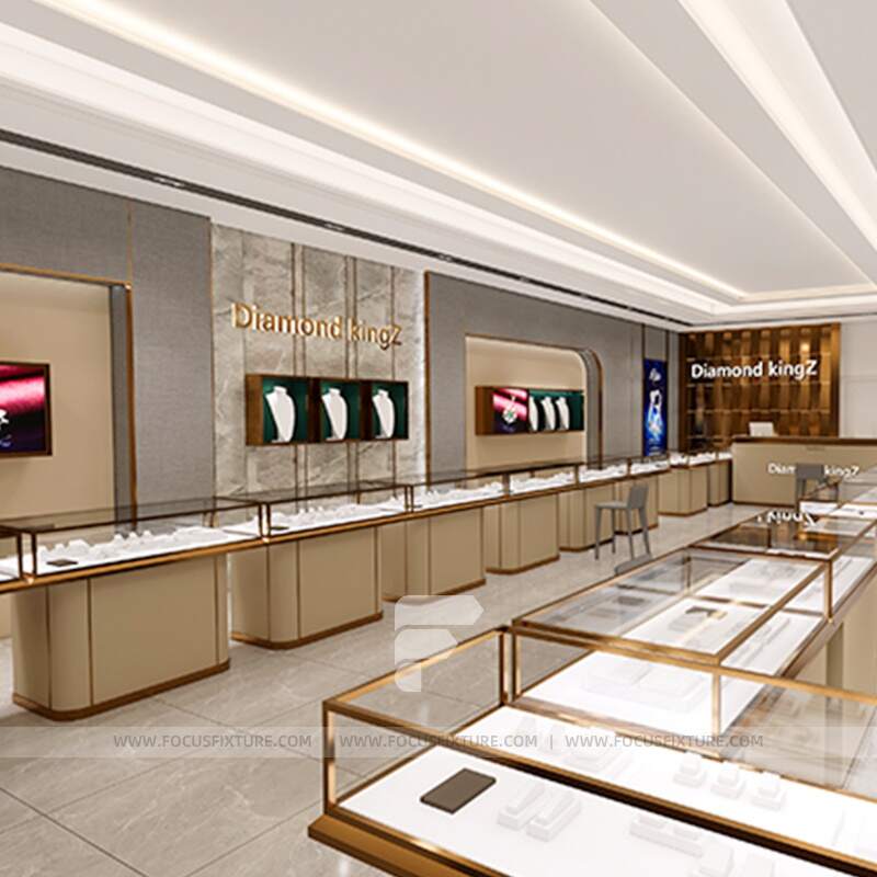 jewelry display case; glass showcases; retail store fixtures; customizable wood cabinets; minimalist design; all-glass visibility