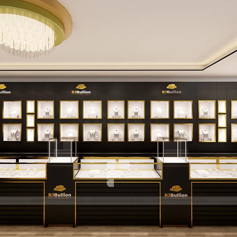 crystal display case; glass showcases; store fixtures; customizable design; black color; minimalist style