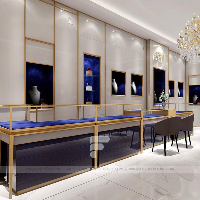 crystal stand; glass jewelry display; customizable fittings; luxury display; gold accents; royal blue decorations; showcase fixtures