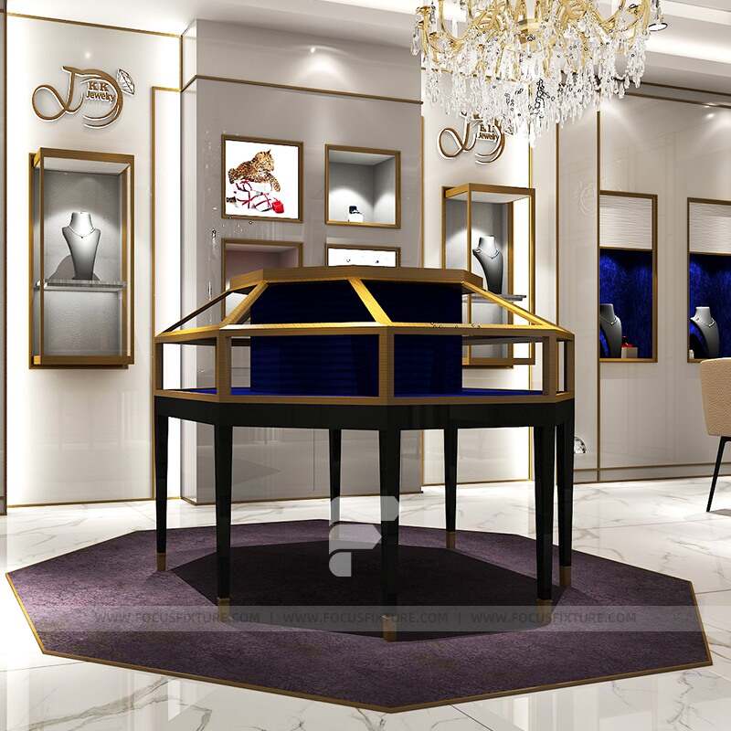 crystal stand; glass jewelry display; customizable fittings; luxury display; gold accents; royal blue decorations; showcase fixtures