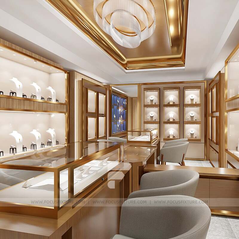 professional jewelry display cases; glass showcase; customizable display; deep wood cabinet; retail display solutions; elegant jewelry presentation; shop fittings