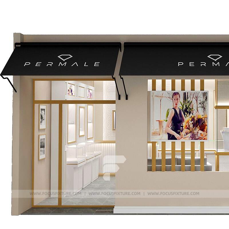 glass jewelry display; showcase cabinets; customizable cases; luxury display; gold accents; retail showcase; elegant design