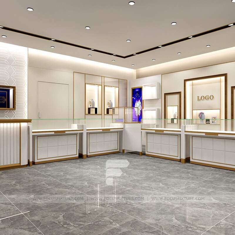 glass jewelry display; showcase cabinets; customizable cases; luxury display; gold accents; retail showcase; elegant design