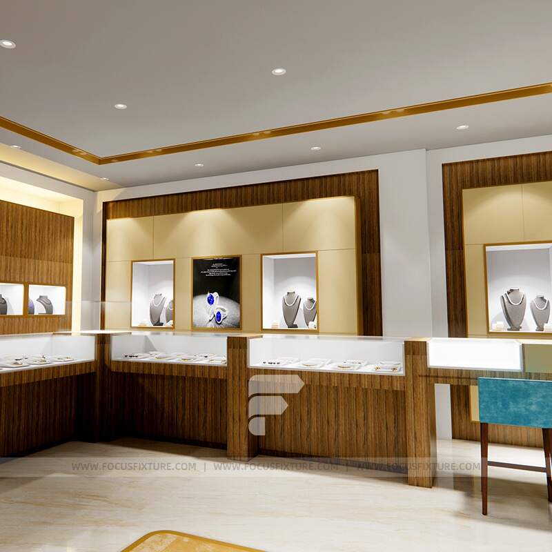 jewelry display cases; glass showcase; customizable fixtures; deep wood finish; elegant design; retail supplies; store fittings