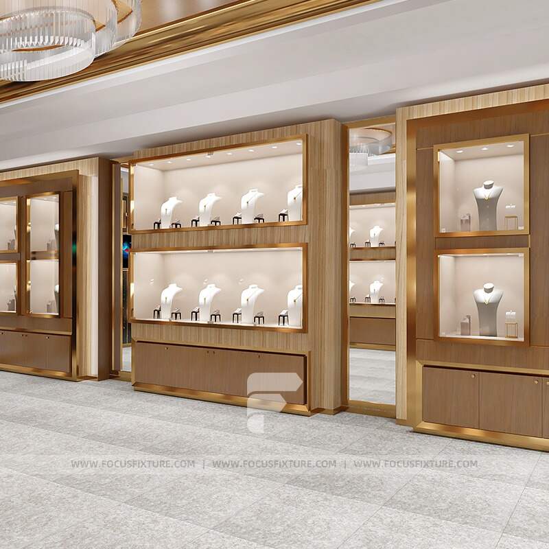 professional jewelry display cases; glass showcase; customizable display; deep wood cabinet; retail display solutions; elegant jewelry presentation; shop fittings