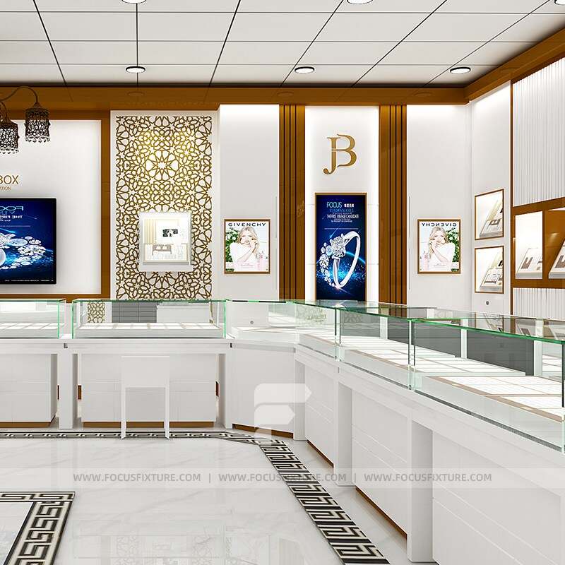 jewelry showcase; glass display cases; lockable showcase; customizable design; white glass cabinet; retail display solutions; elegant display